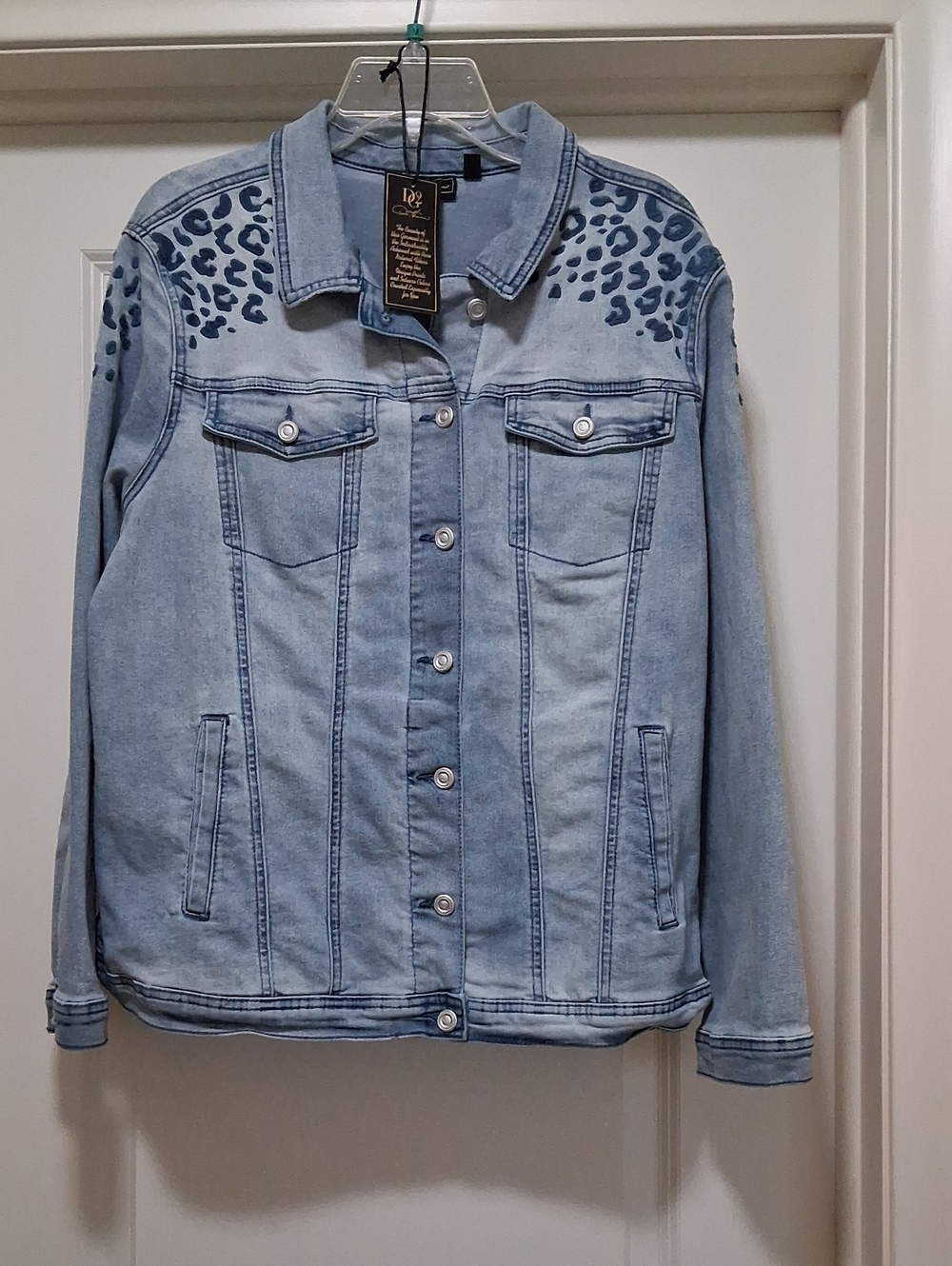 DG2 by Diane Gilman Light Blue Denim Jacket with Navy Leopard Print